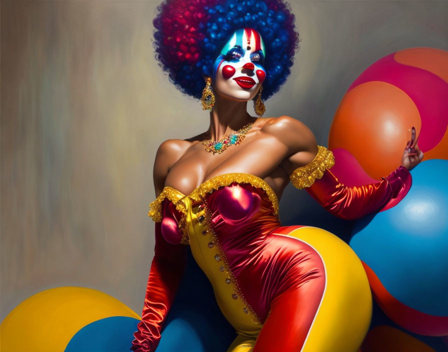 Colorful Clown Makeup and Costume with Glossy Balloons