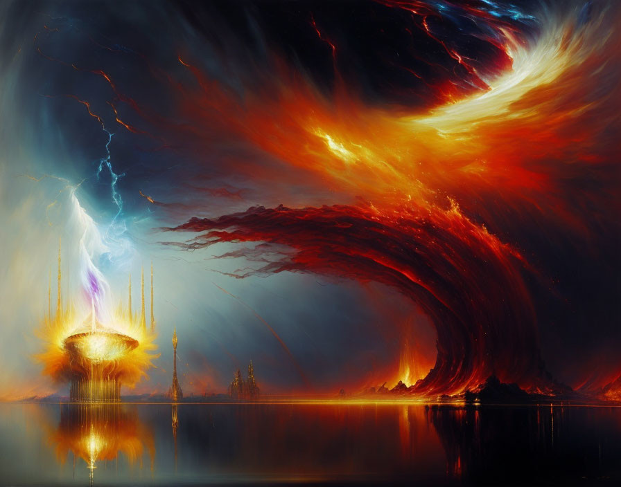 Fantasy landscape with lightning, surreal architecture, and swirling sky