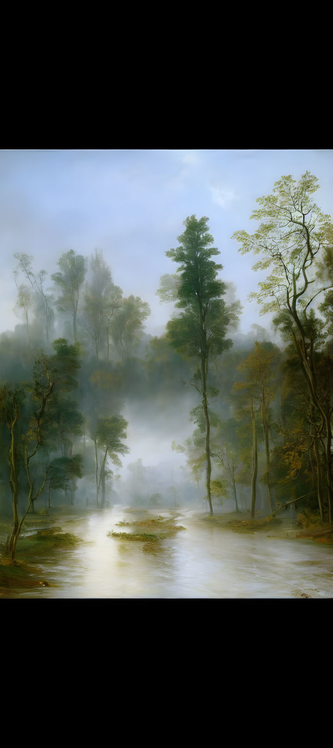 Misty forest painting: tall trees, calm river, soft sky