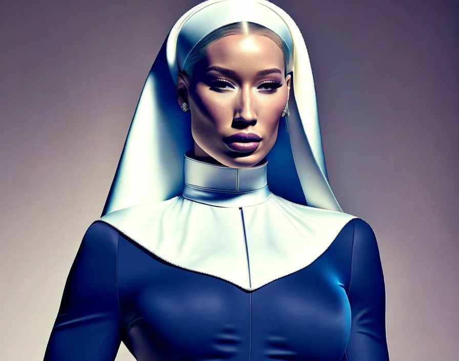 Modernized nun habit with high collar in stylized image