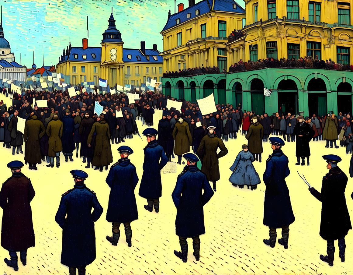 Historical protest illustration with crowd and officers in town square