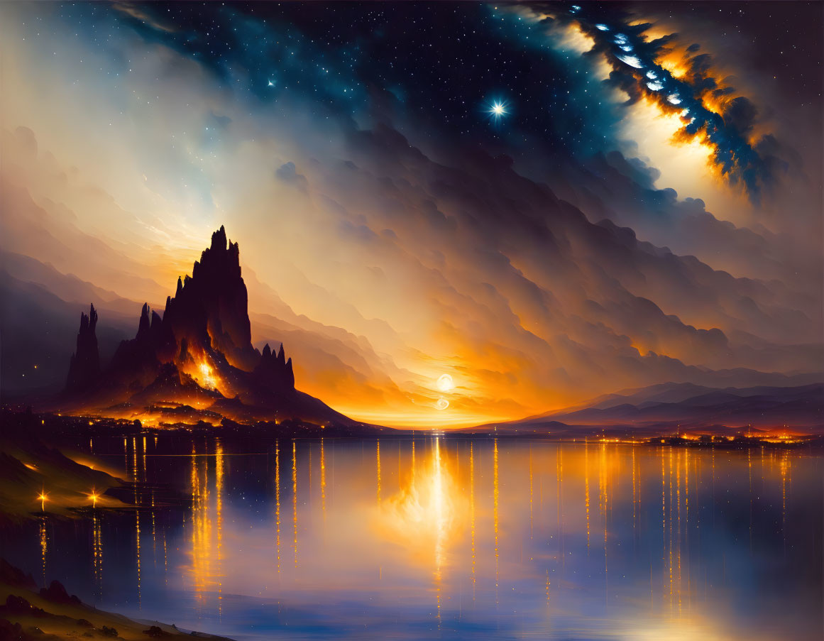 Fantasy landscape with castle, mountain, starry sky, and comet.