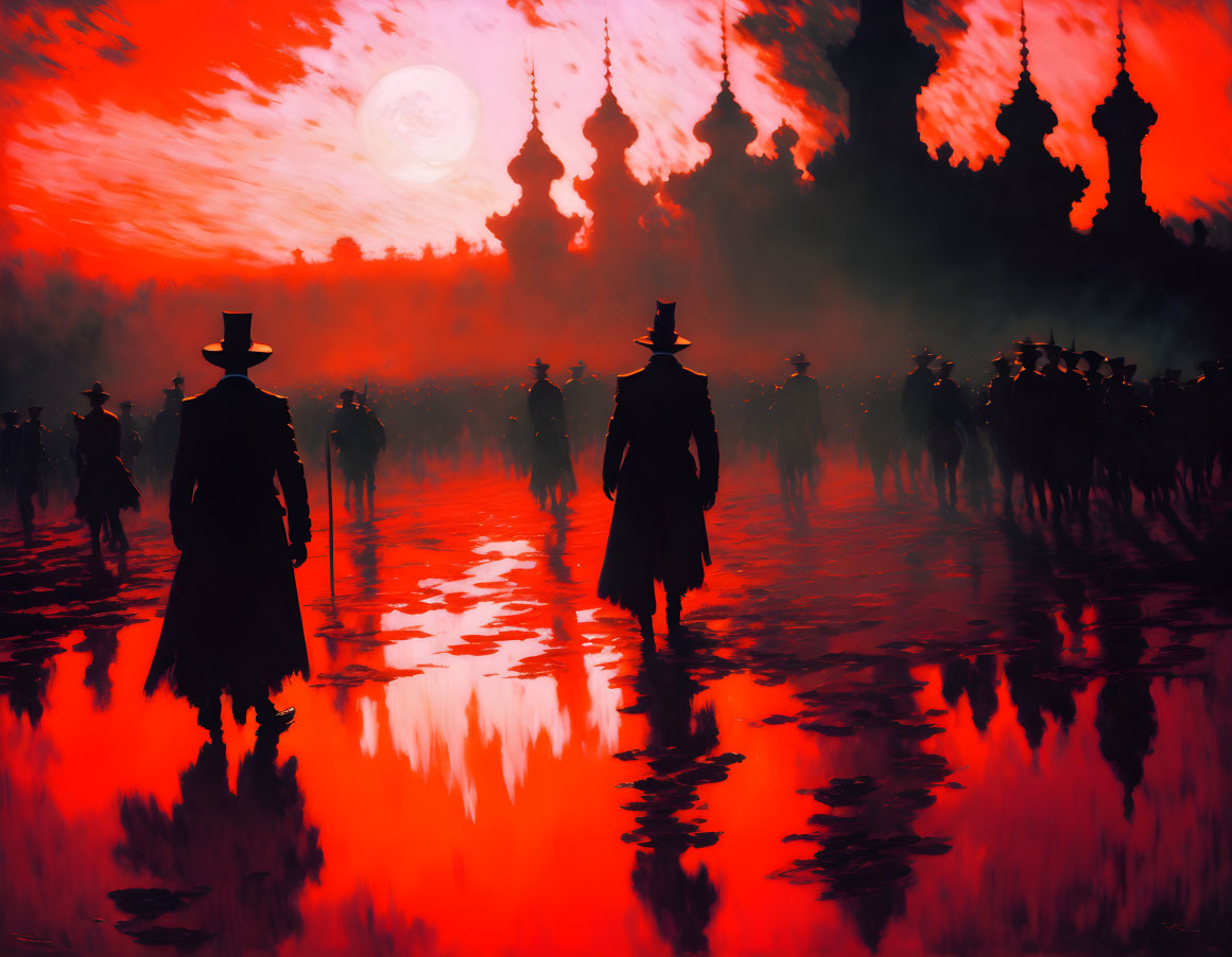 Silhouetted figures with hats in crimson landscape under red sky