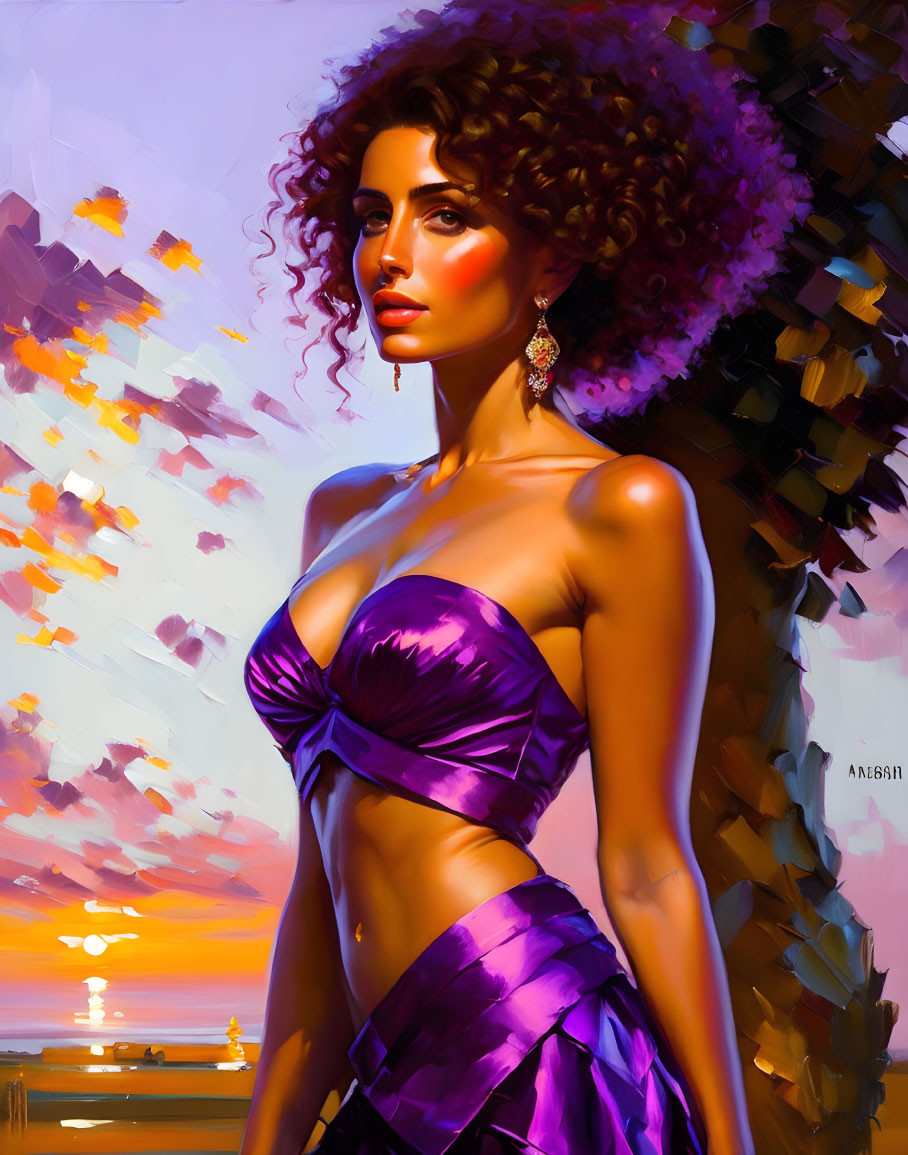 Woman with Voluminous Curly Hair in Purple Dress at Sunset