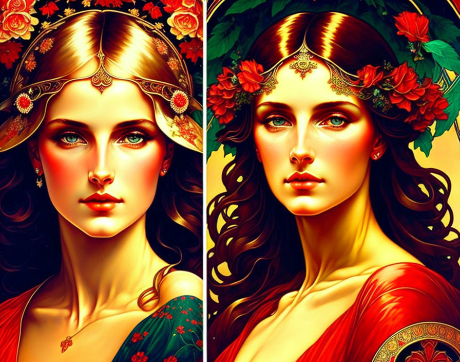 Stylized portraits of a woman with elaborate headpieces and red flowers