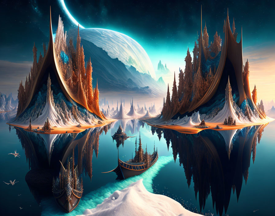 Fantastical landscape with towering spires, reflective lake, large moon, ship, snow-covered dock