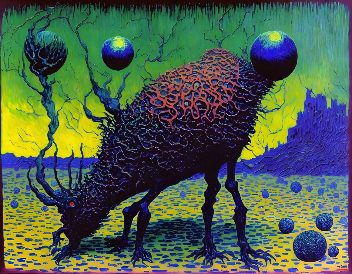 Colorful Surreal Creature Painting with Textured Body and Spheres on Green and Yellow Background