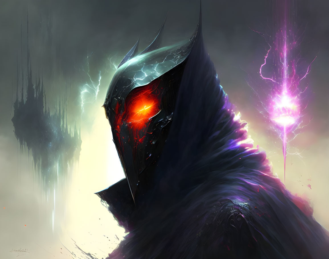 Menacing figure with glowing red eye in surreal landscape