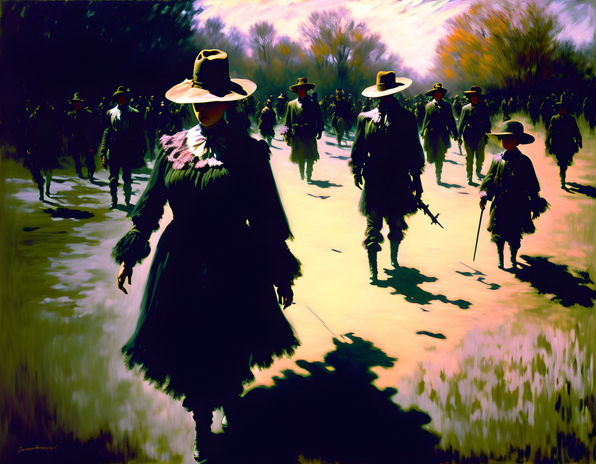 Vintage figures in wide-brimmed hats stroll in sunlight