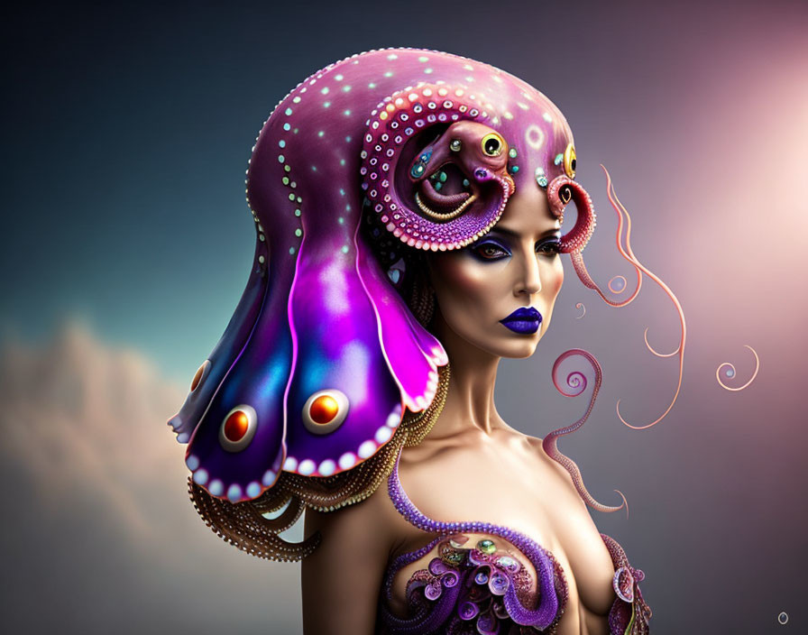 Colorful surreal portrait with octopus-like creature on head & swirling tentacle motifs.