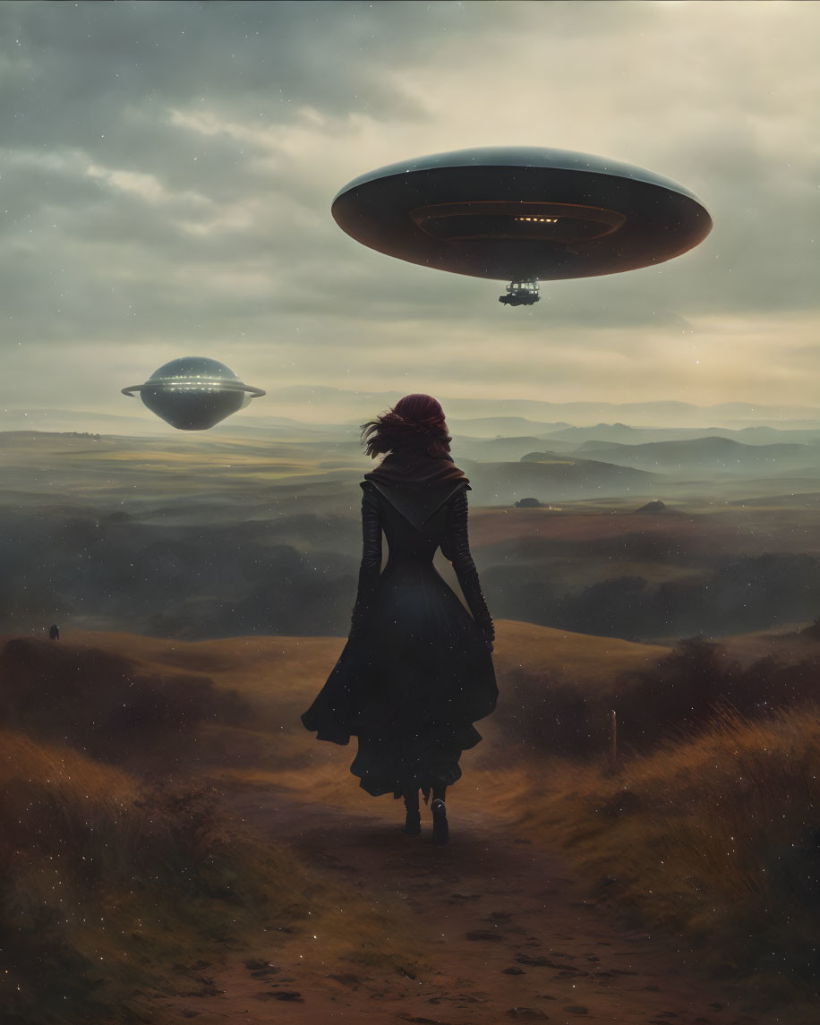 Person in long coat gazes at misty landscape with UFOs in dramatic sky