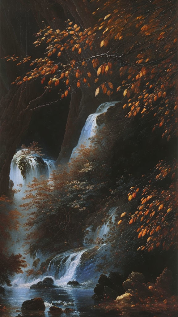 Autumnal forest waterfall with golden leaves and blue water