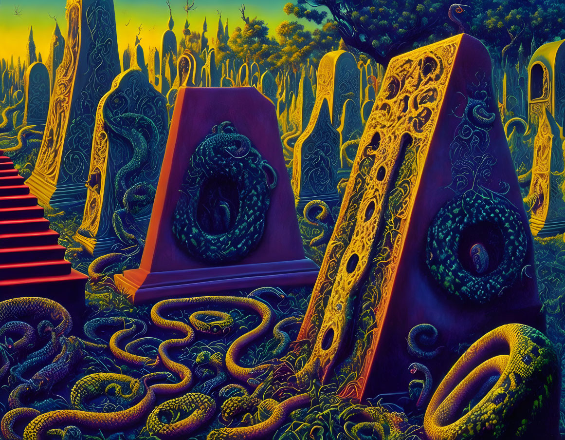 Surreal landscape with serpentine forms and ornate obelisks