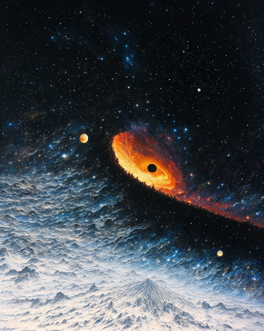 Surreal space scene: black hole above snowy mountain landscape