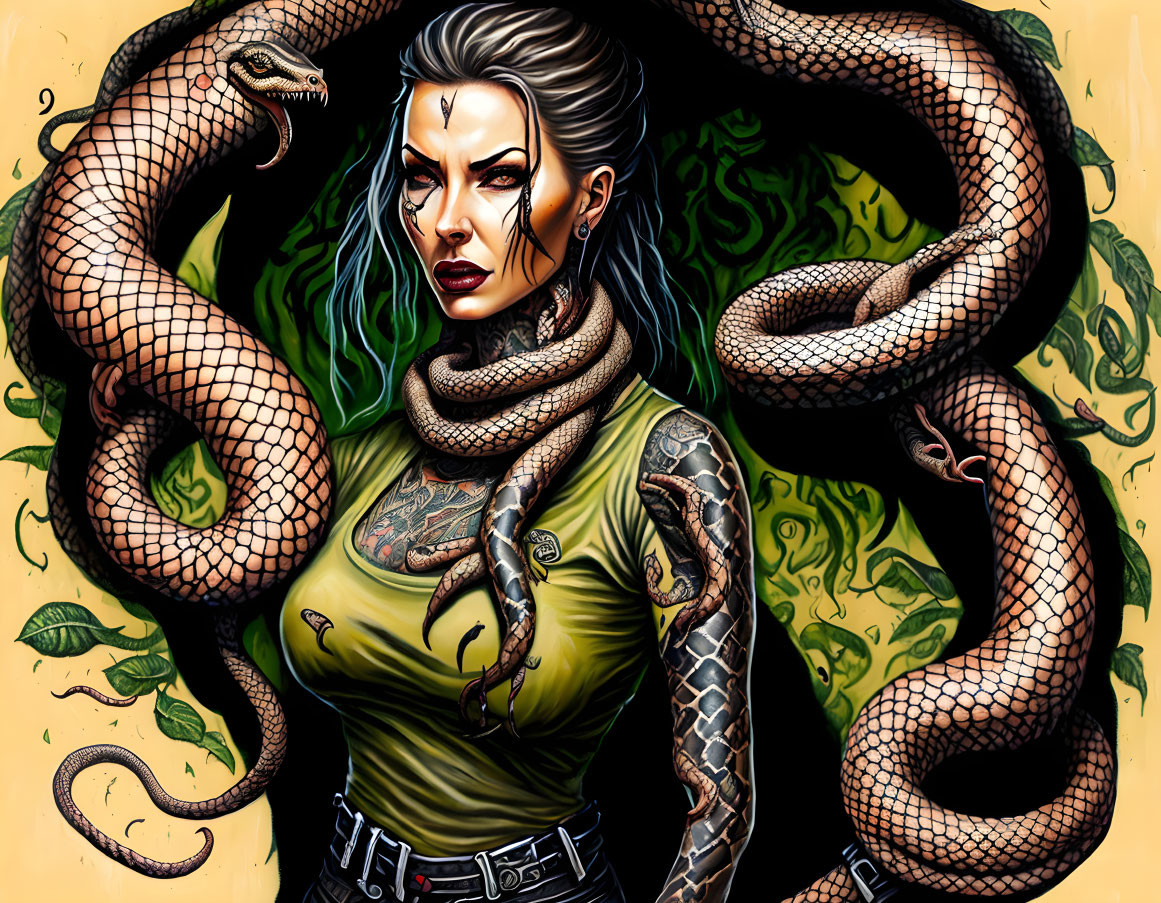 Illustrated woman with tattoos entwined by large snakes in fierce warrior pose