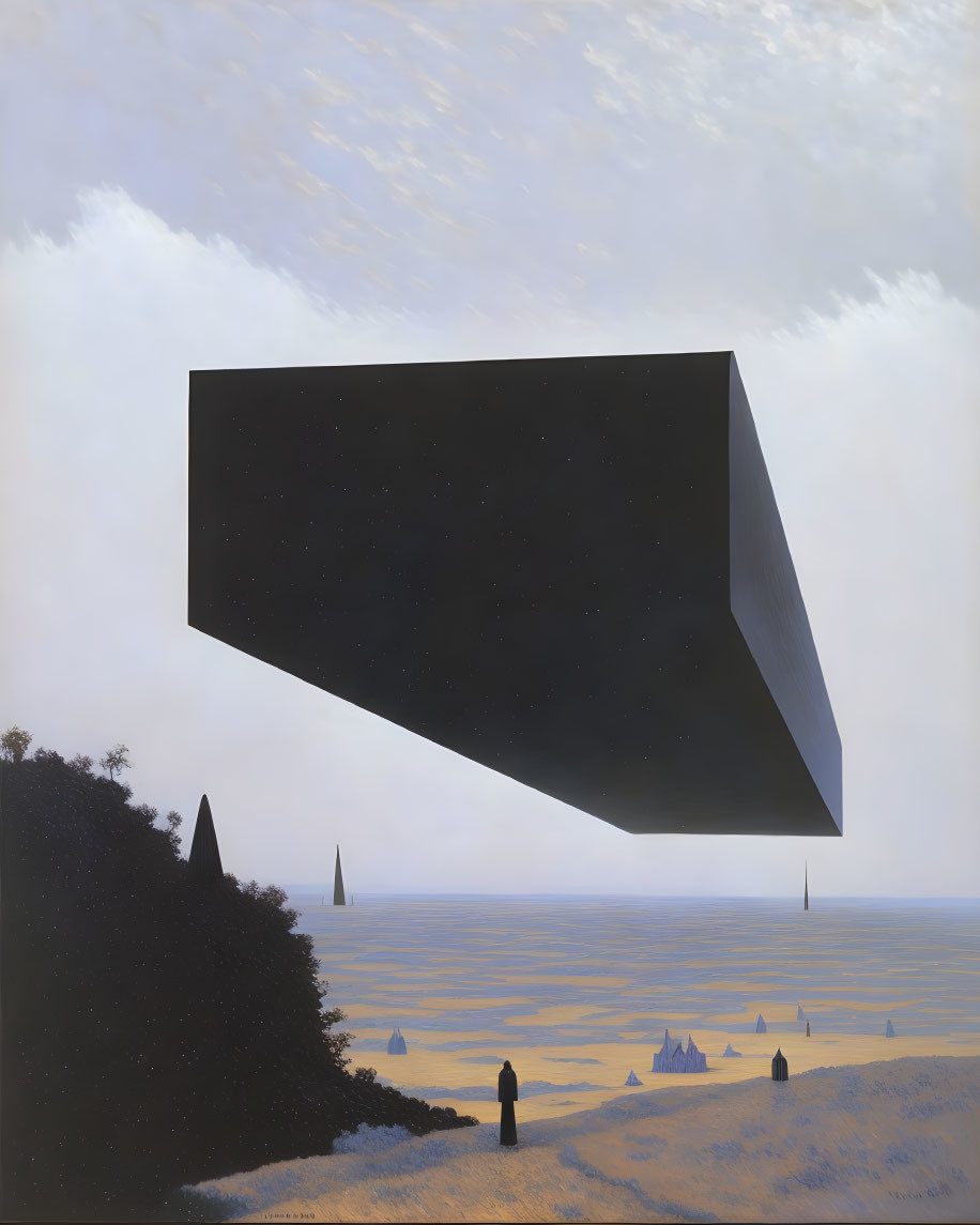 Surreal painting with levitating black monolith in starry landscape