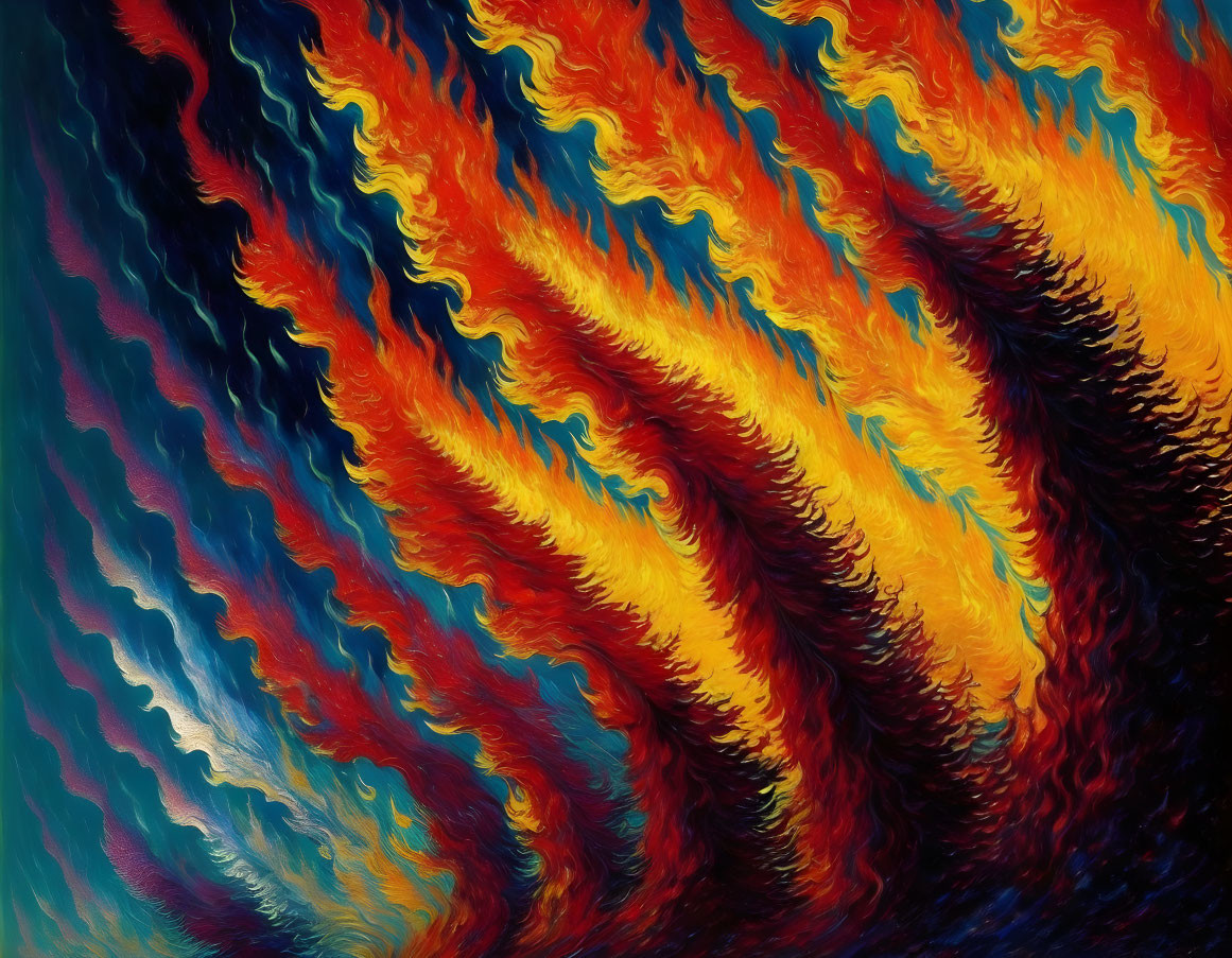 Vibrant abstract art: Fiery waves in orange, yellow, and blue hues