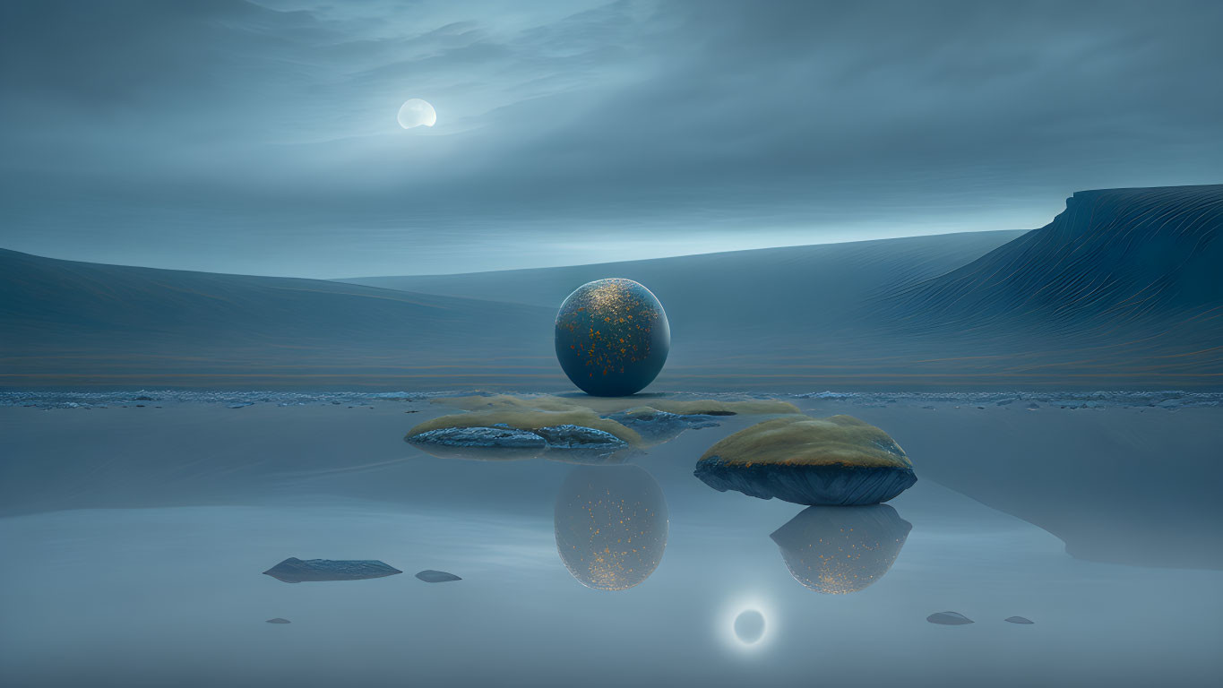 Mystical orb above reflective landscape under moonlit sky