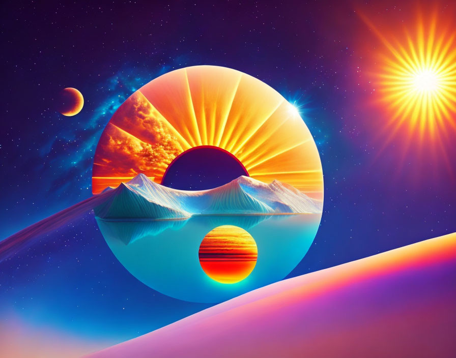 Surreal space scene with ringed planet, radiant sun, crescent moon, and cosmic twilight