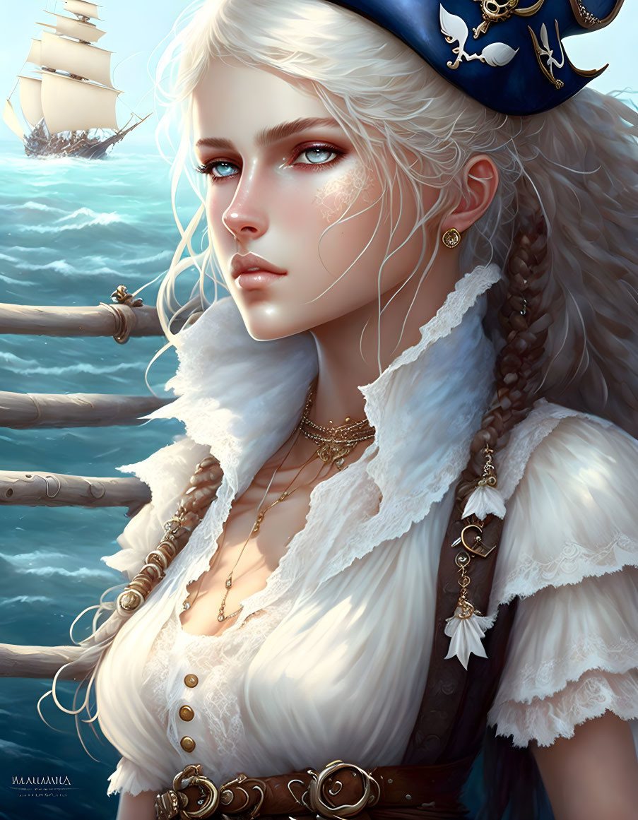 Illustration of woman with white hair in pirate hat and coat, ship and sea in background