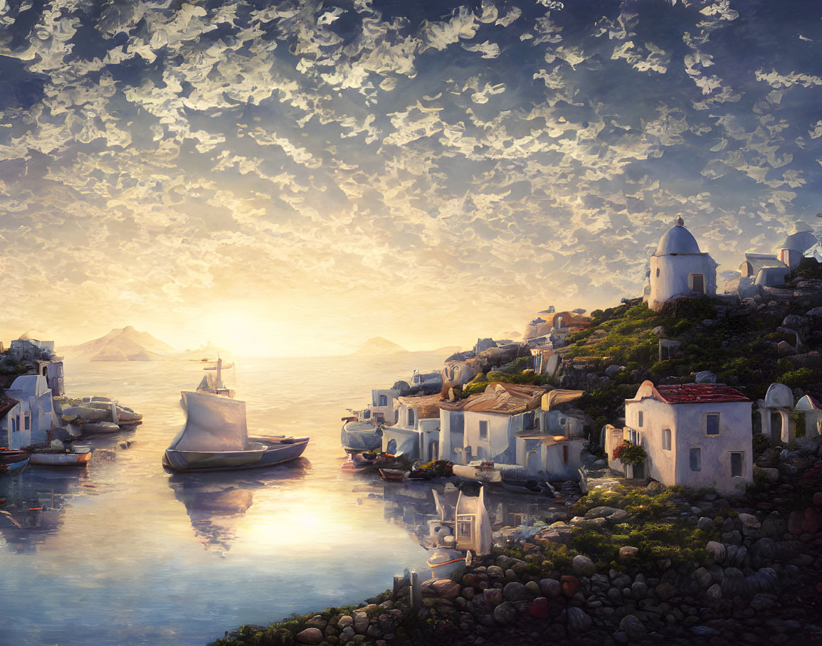 Scenic Mediterranean coastal village at sunset with white houses, church, boat, and dramatic sky