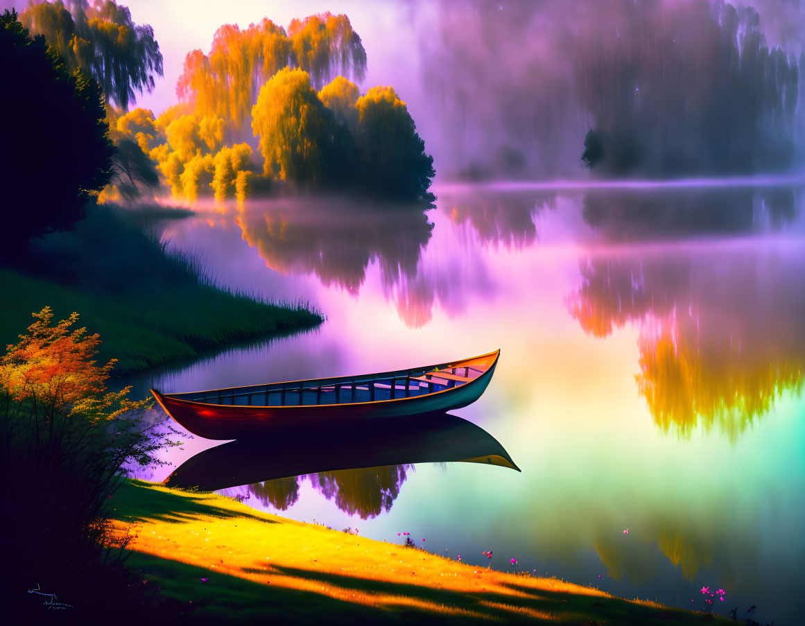 Tranquil lake scene: vibrant tree reflections, twilight sky, and solitary canoe