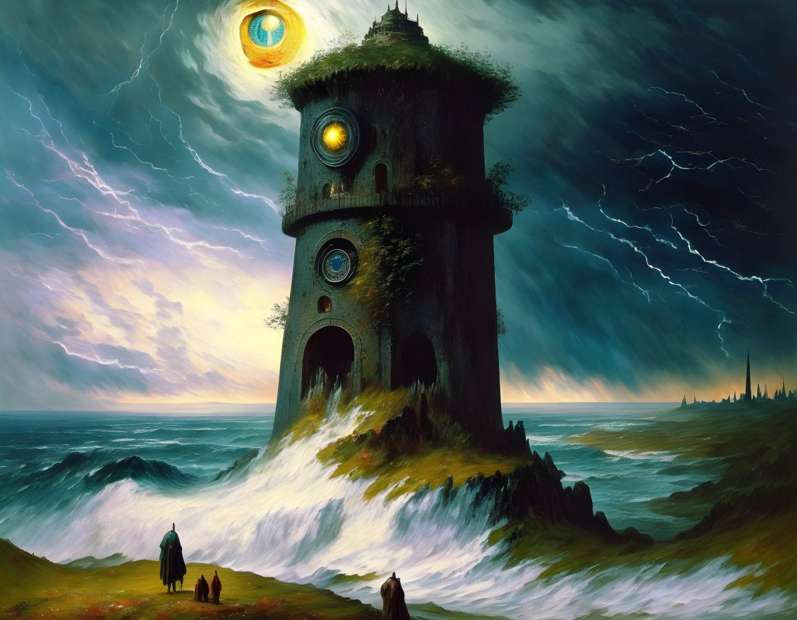 Fantastical scene: Three figures, tower, wild seas, stormy sky, glowing eyes