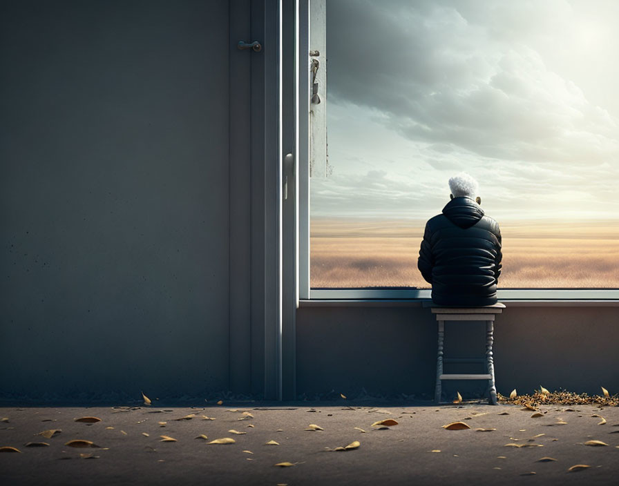 Person in puffy jacket and beanie gazes at cloudy sky through window in serene room