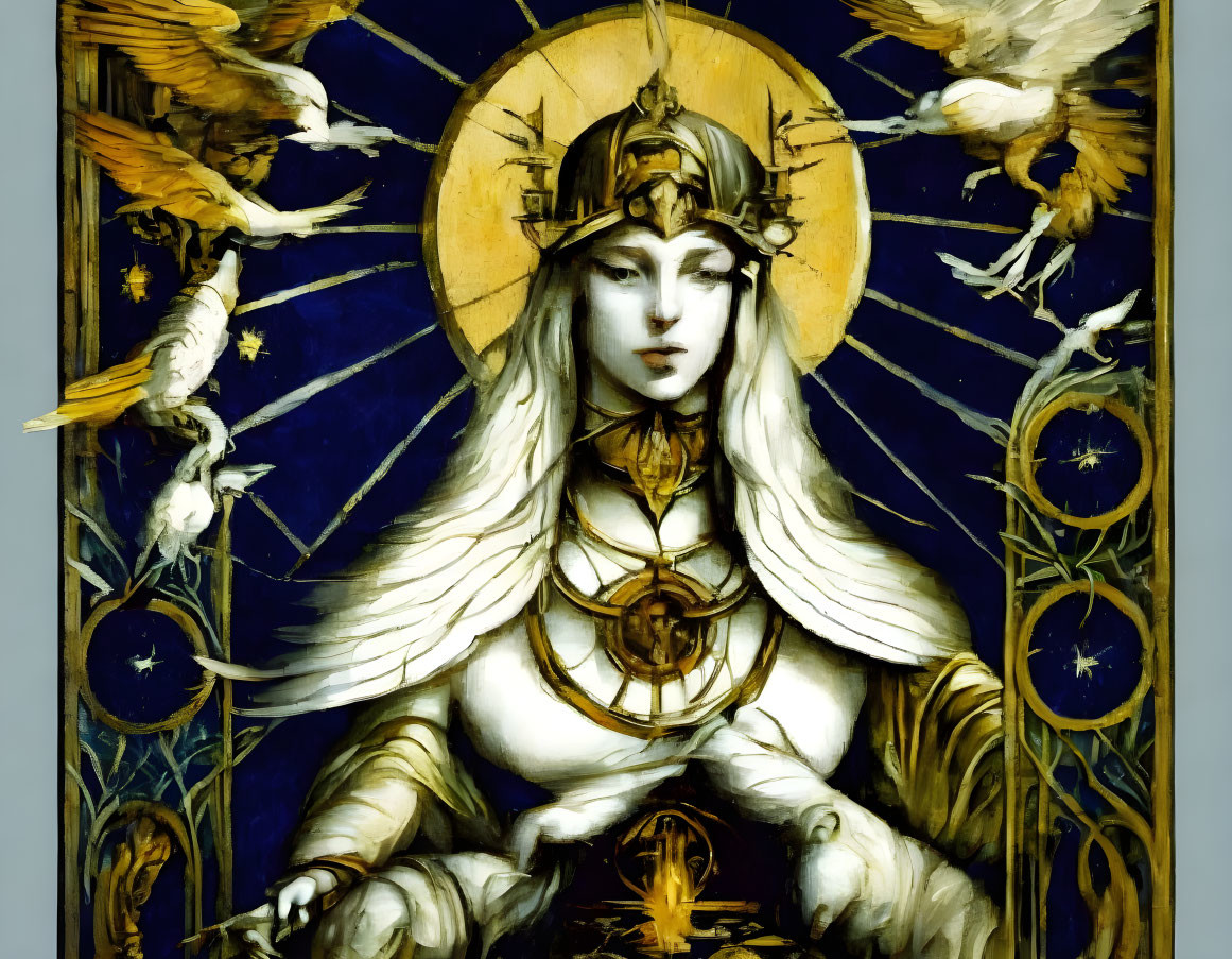 Female Figure in Armor with Halo Surrounded by Birds and Golden Designs on Blue Background