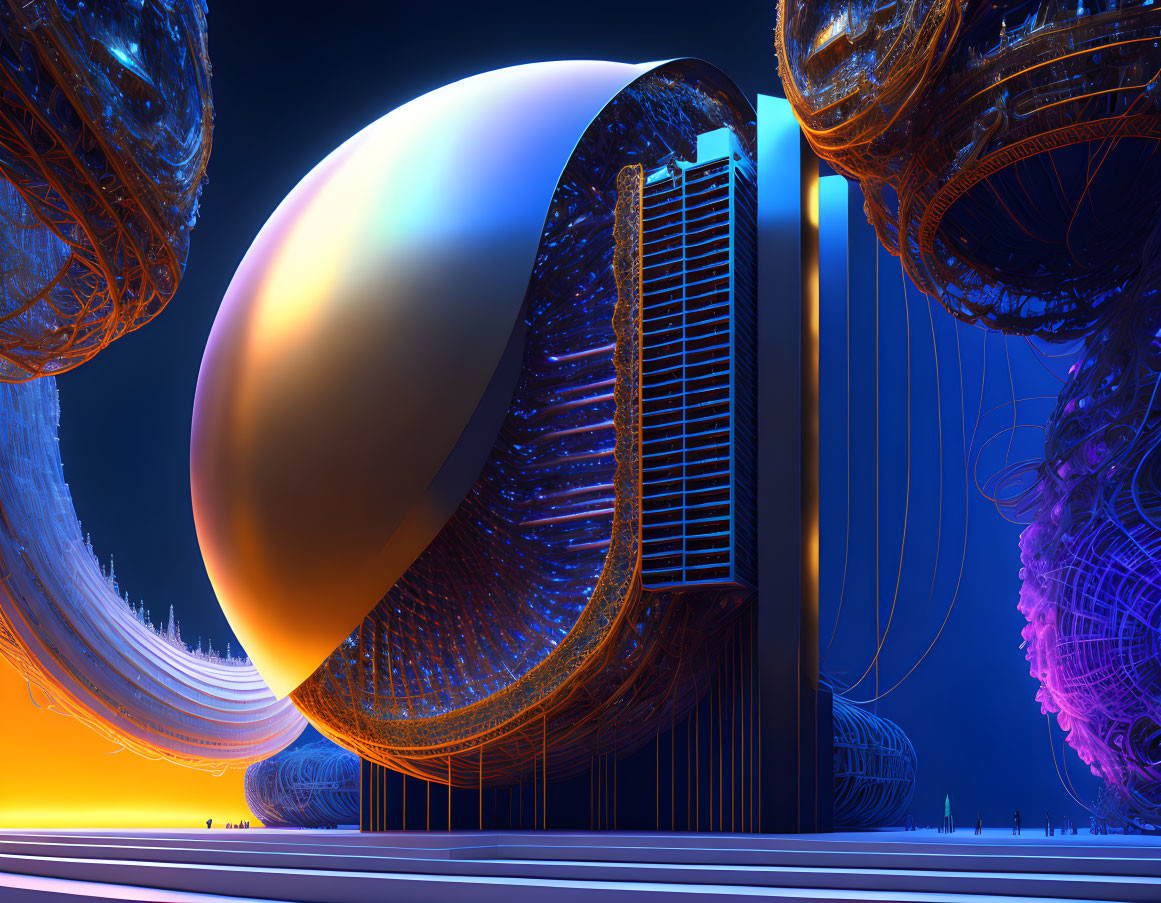 Futuristic cityscape with large sphere and vibrant colors