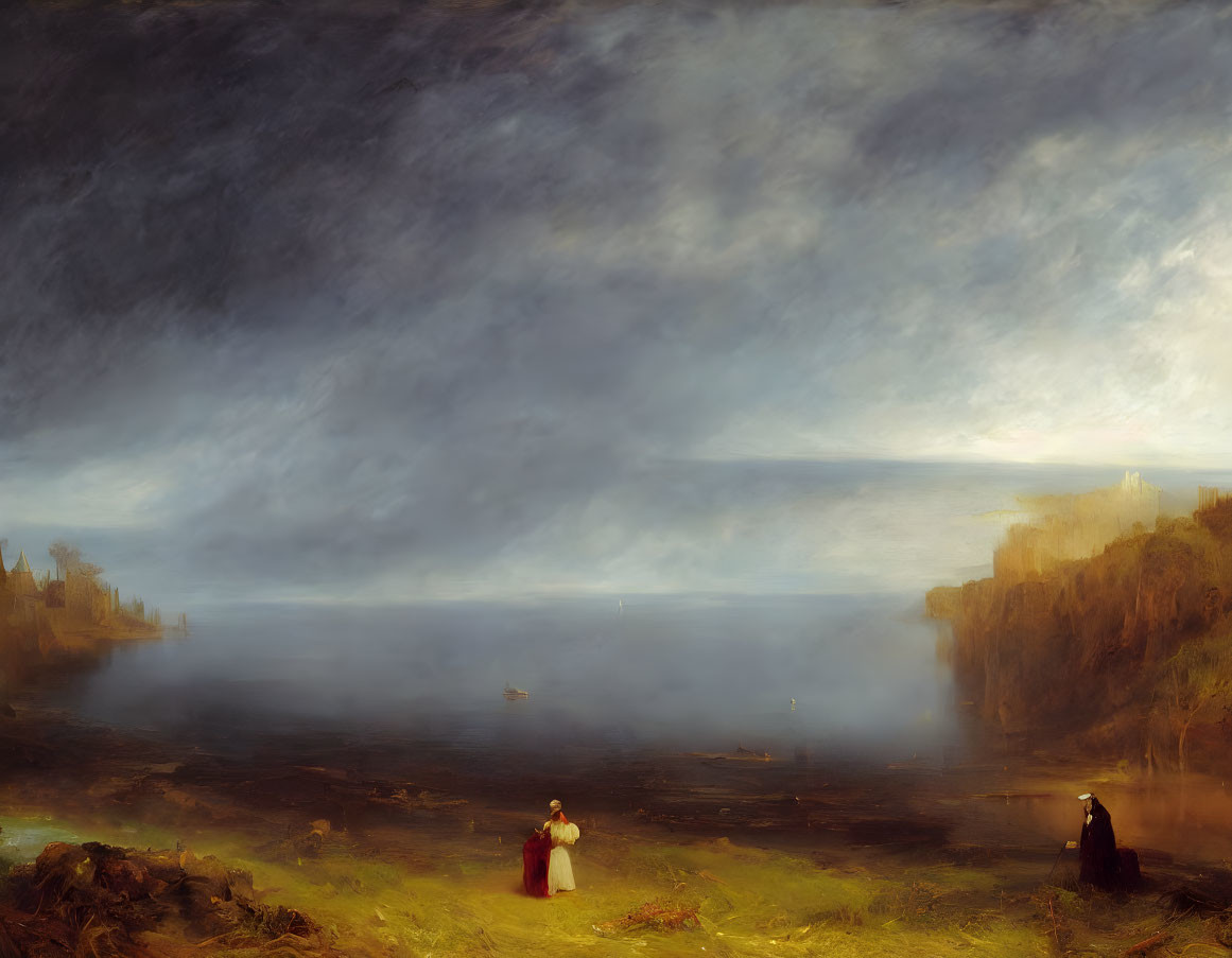 Dramatic landscape painting with stormy sky, serene lake, figures, boats, and cliffs