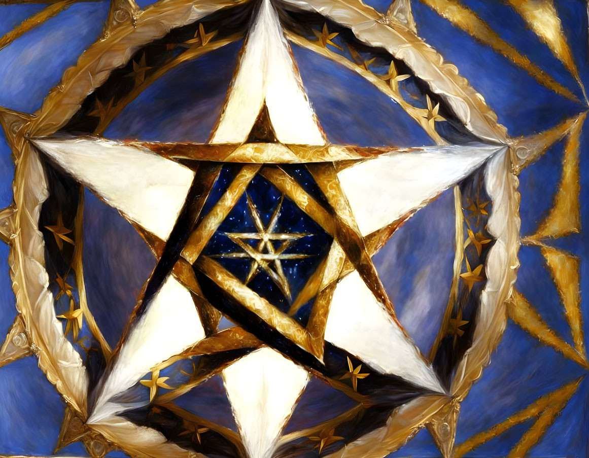 Multilayered star with pentagon & golden accents on blue background