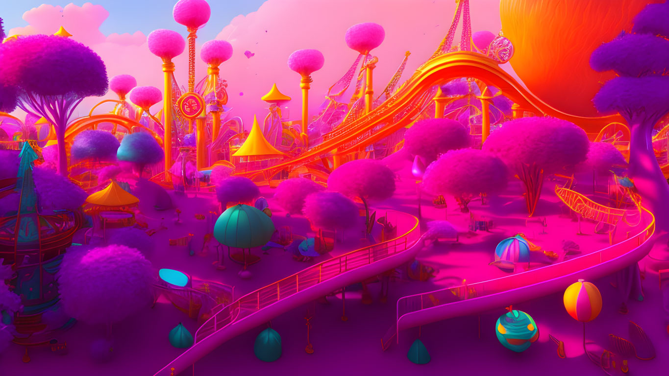 Colorful surreal landscape with purple trees, yellow structures, and a neon roller coaster.