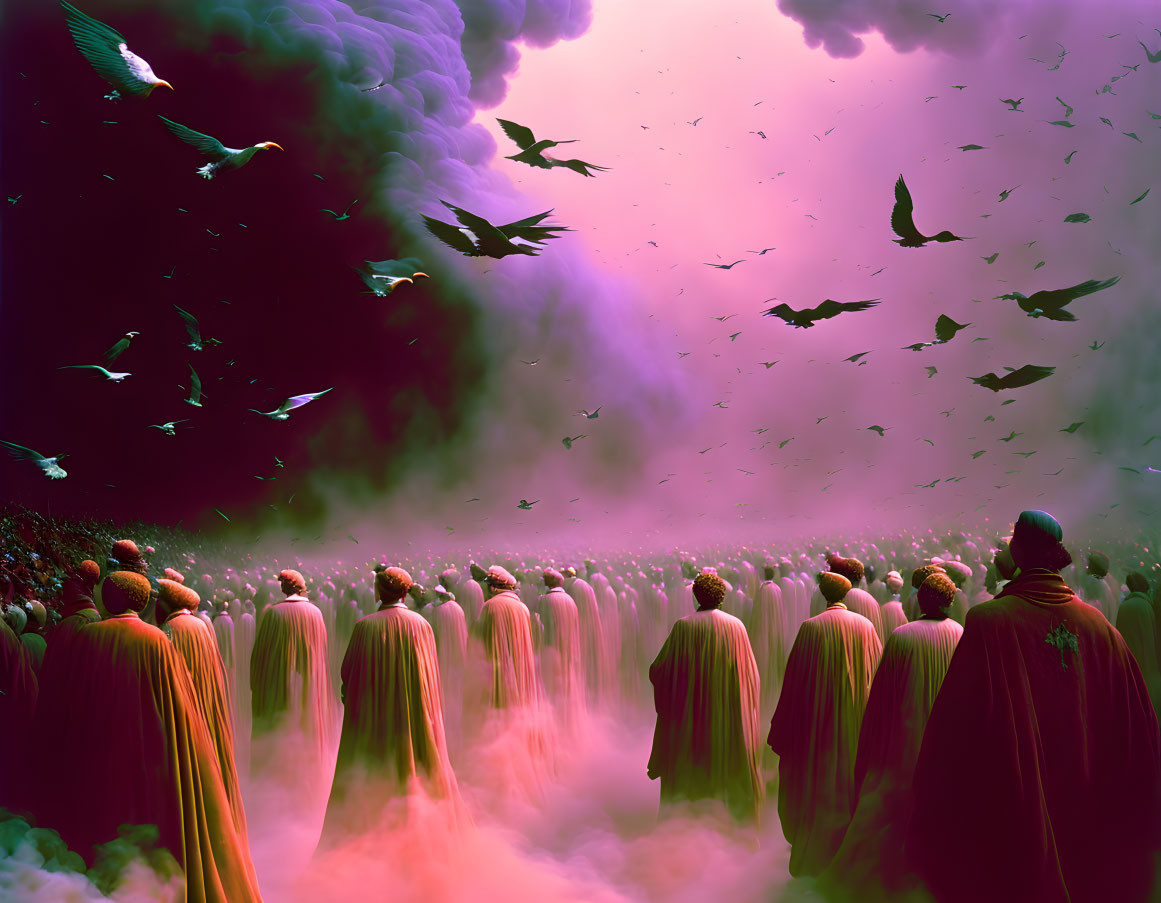 Robed Figures Gazing at Vibrant Sky with Flying Birds and Mystical Fog