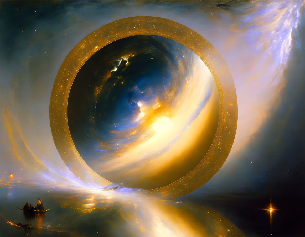 Surreal cosmic scene: giant ring, boat, figures, vibrant interstellar backdrop