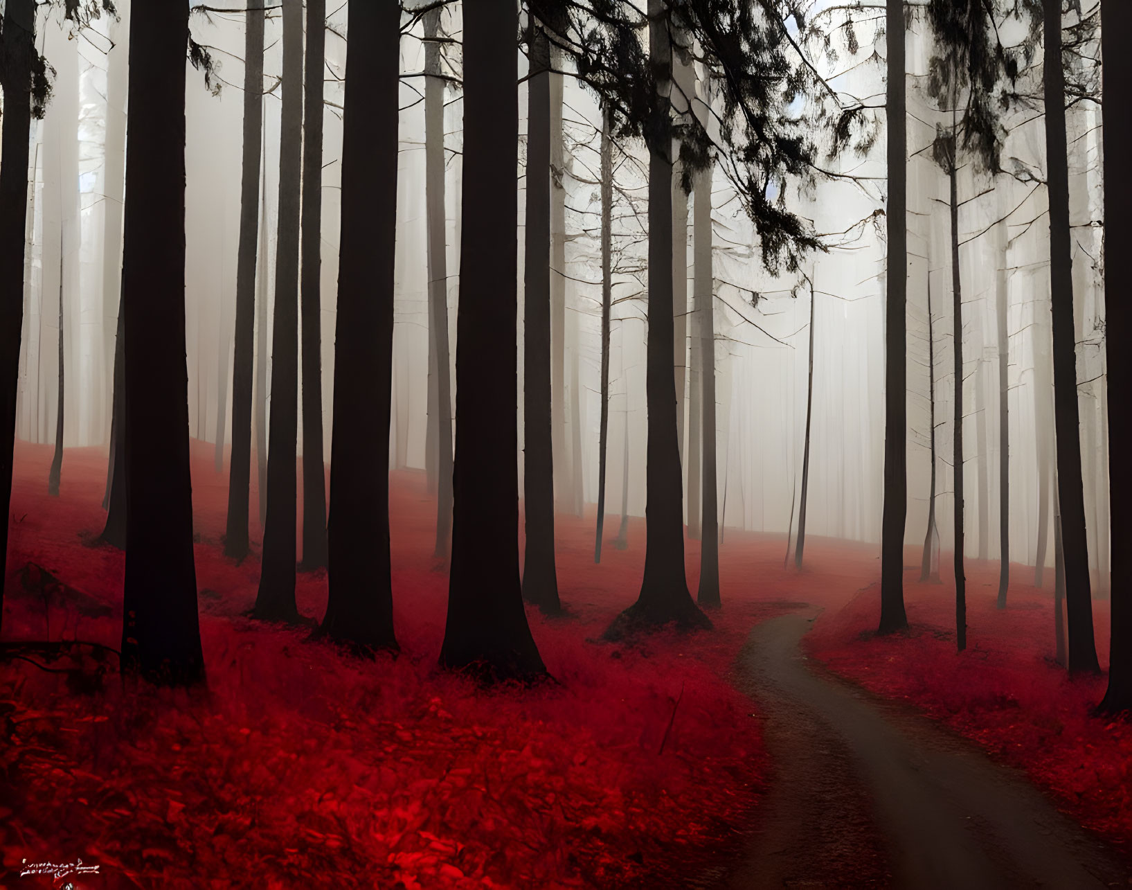 Misty forest with tall trees and red forest floor