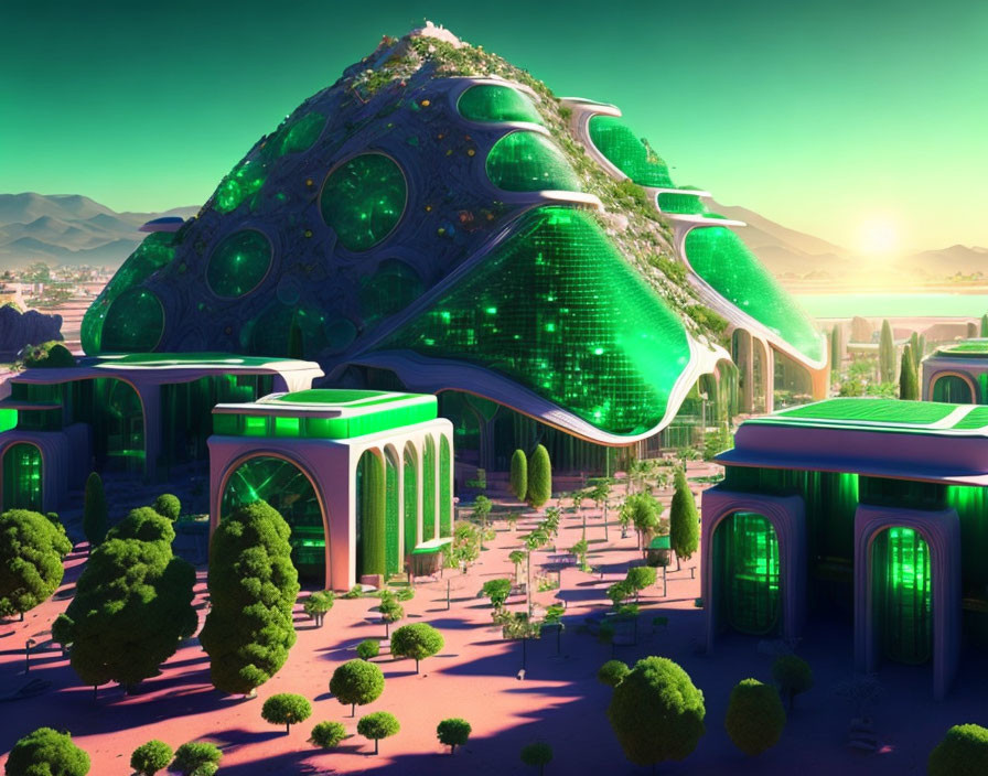 Futuristic cityscape with green-domed buildings and lush vegetation at sunset