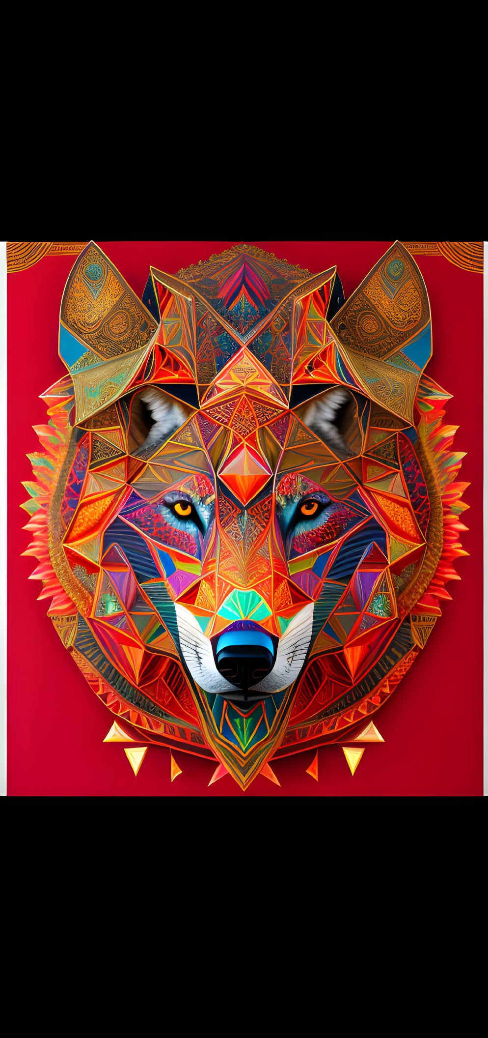 Colorful Geometric Wolf Face Art on Red Background