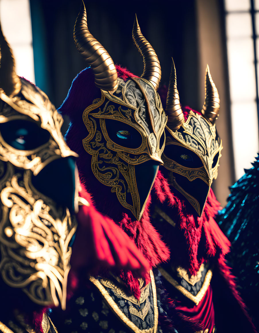 Three ornate horned masks with gold patterns in dramatic lighting