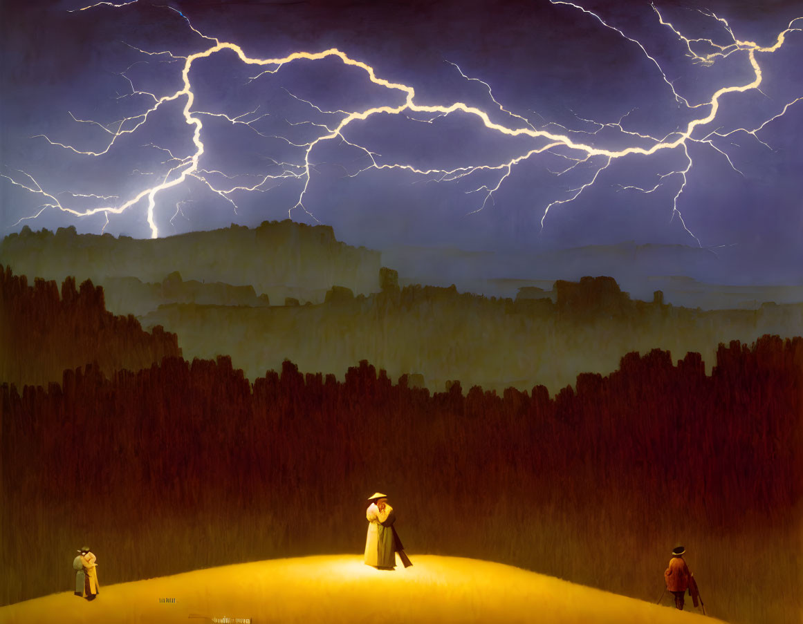 Three People Watching Lightning Storm Over Dark Landscape