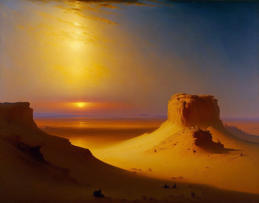 Radiant sunset over desert sand dunes and rock formations