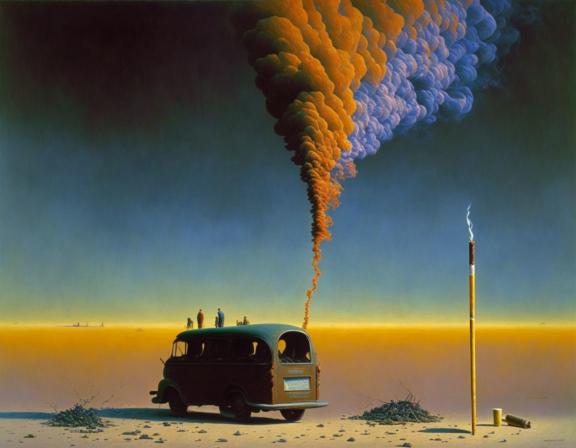 Surreal painting: old-fashioned bus in desert with colorful smoke swirls