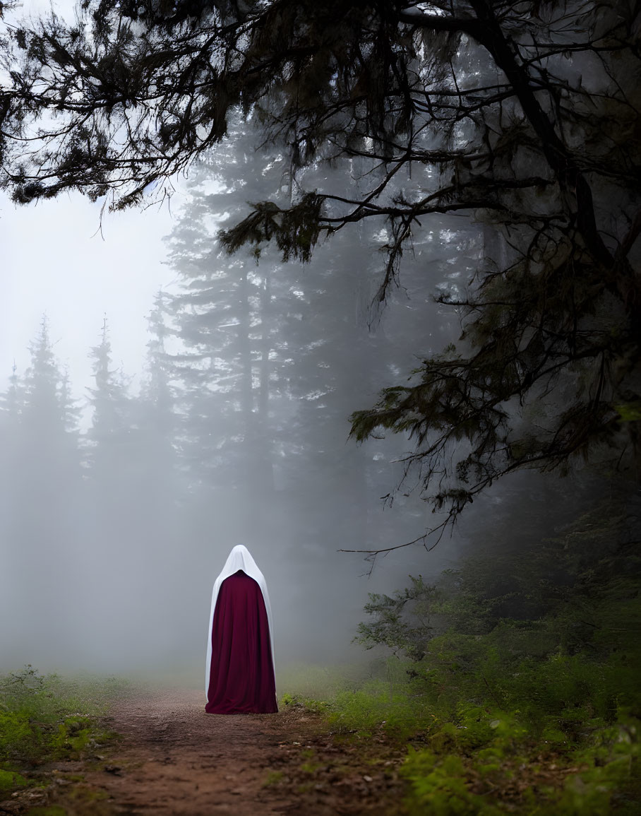 Person in Red Cloak on Foggy Forest Path with Evergreen Trees