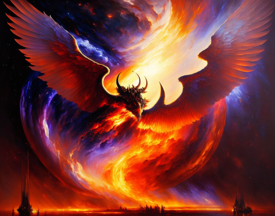 Colorful Phoenix Artwork Against Cosmic Background