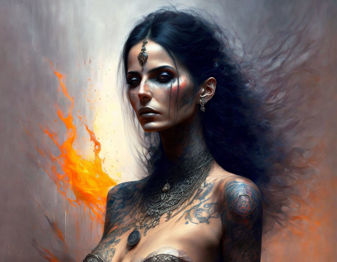 Dark-haired woman with blue eyes and tattoos in fiery setting.