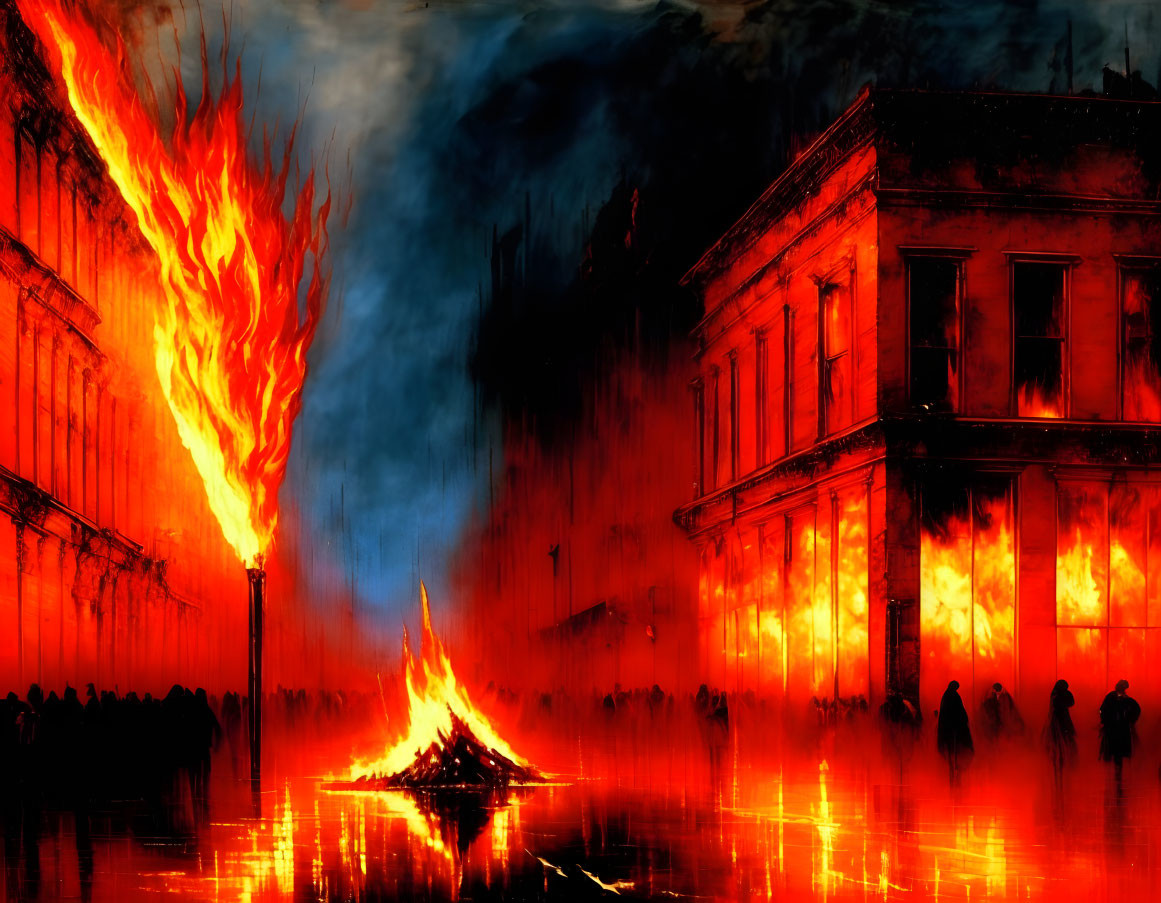 Intense street fire with blazing buildings and silhouetted figures