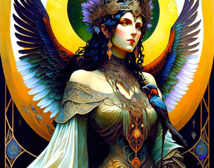 Female figure with angelic wings and blue bird on hand against golden geometric backdrop