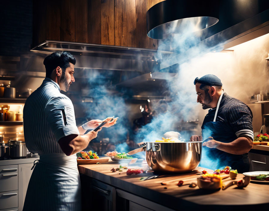 Two chefs cooking in a steamy kitchen with fresh ingredients, creating a bustling culinary scene