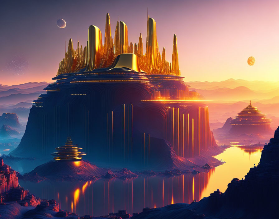 Golden towers in futuristic city under twilight sky with two moons.