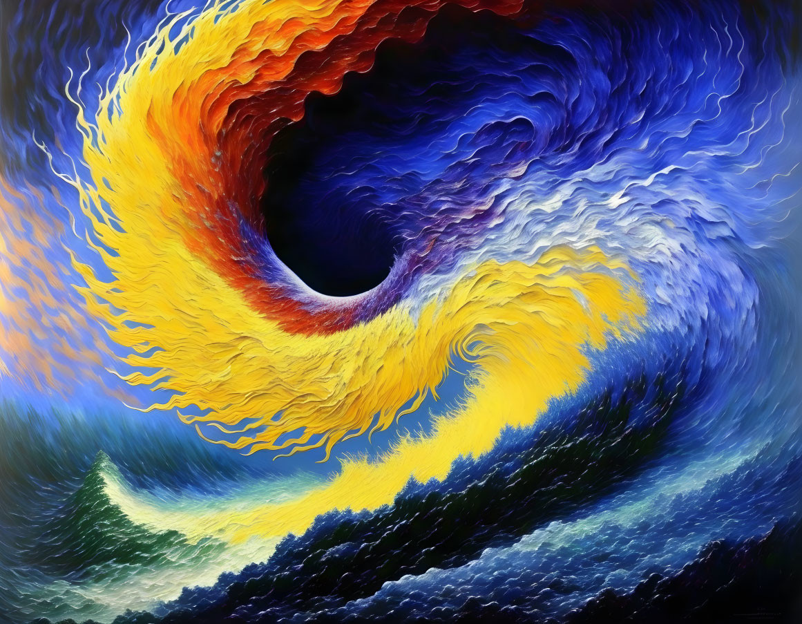 Colorful abstract painting: Swirling vortex in blue, yellow, and red on dark background